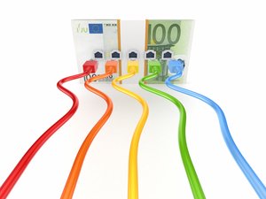 Zu sehen sind 5 Patchkabel in unterschiedlichen Farben, die in einem Geldbündel enden