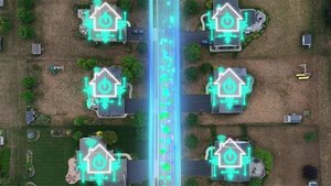 zu sehen ist ein Wohngebiet von oben: in der Mitte eine Straße, links und rechts davon jeweils drei Häuser. Über die Straße ist eine blaue Säule zu sehen und auf den Häusern eine 3-D-Darstellung eines Hauses mit Internetsymbolen