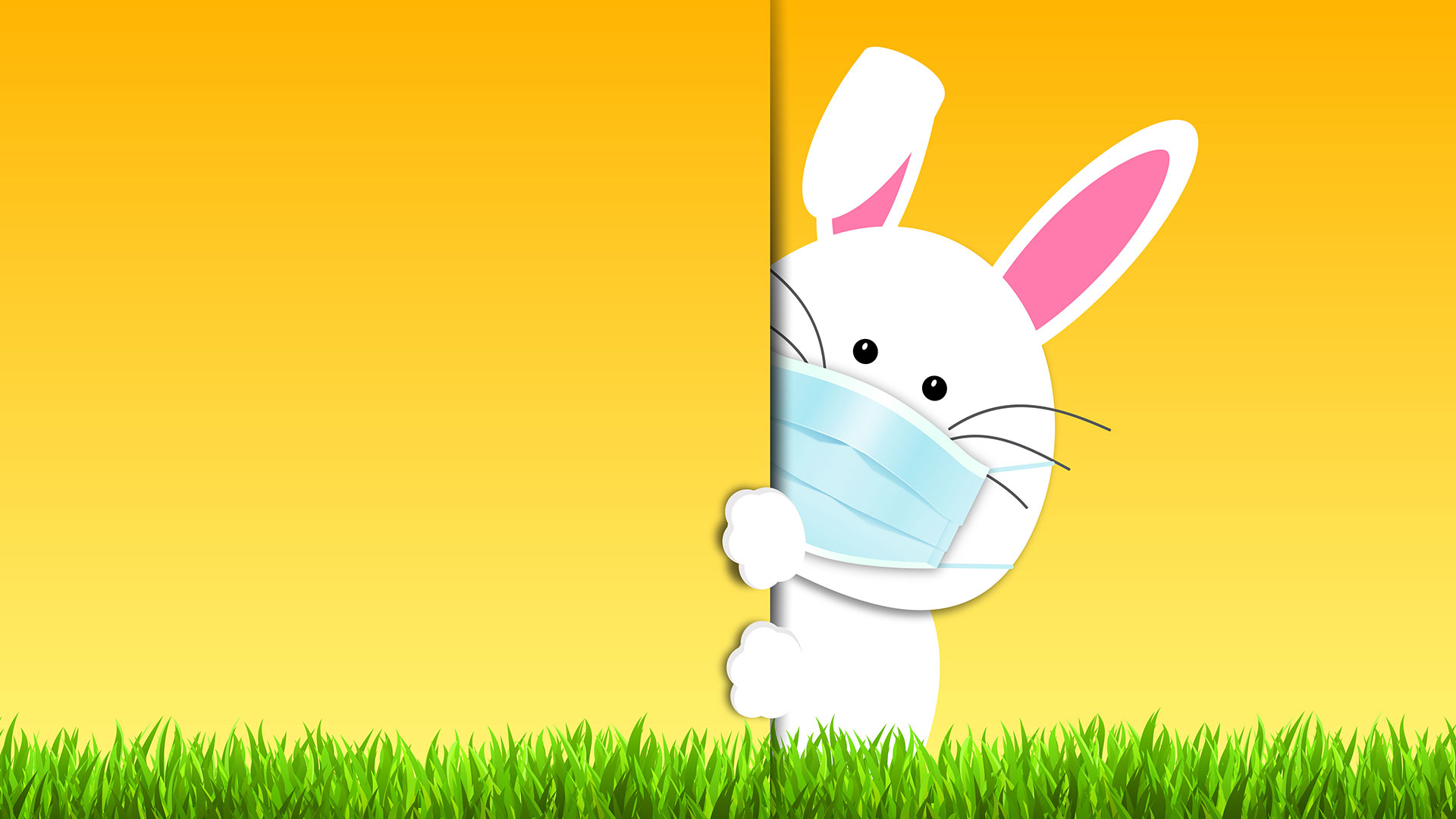 Gezeichnetes Bild eines Osterhasen mit medizinischer Maske vor gelbem Hintergrund